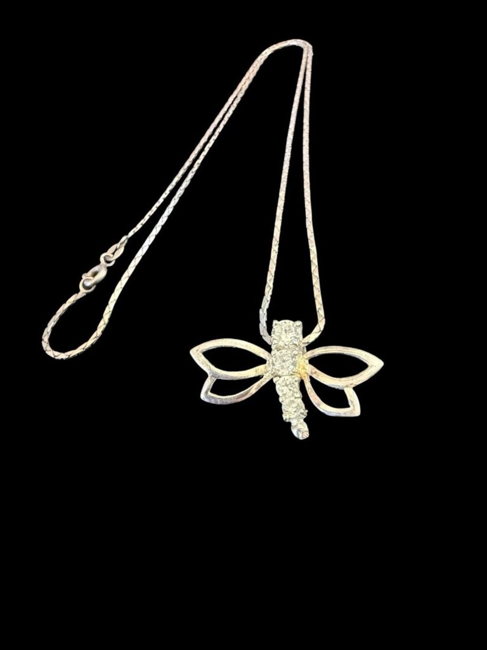 925 Sterling Silver Dragonfly Cubic Zirconia Pendant Chain Necklace 15”
